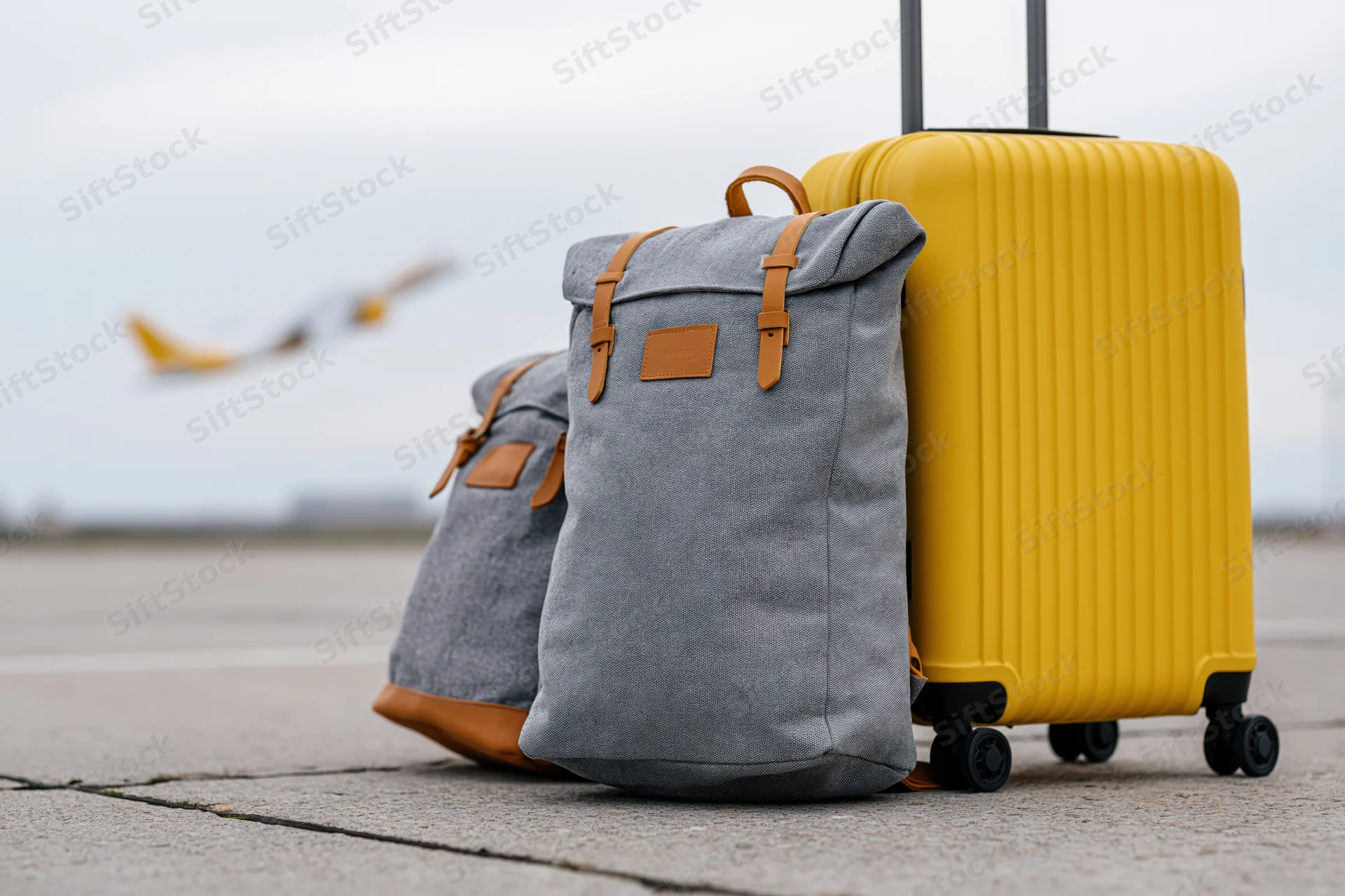 Two grey canvas backpacks with tan leather accents and a yellow rolling suitcase on tarmac with airplane in background