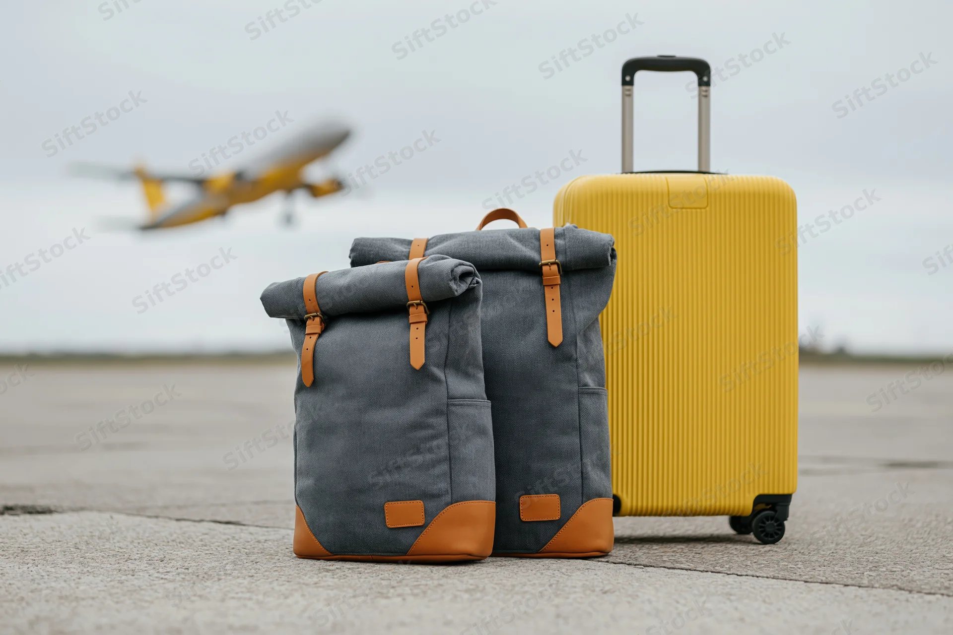 Two grey canvas backpacks with tan leather accents and a yellow suitcase on tarmac with airplane in background