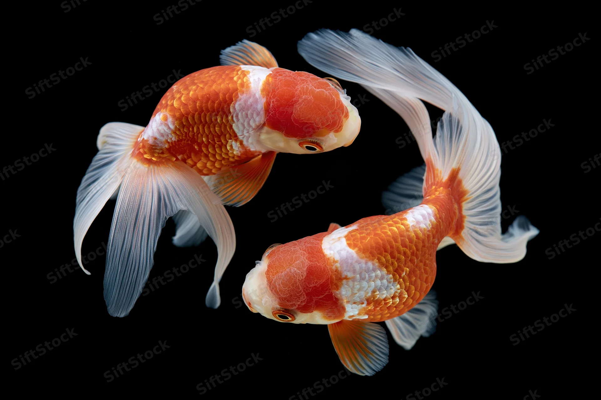 Two ornamental goldfish swimming in a circular yin-yang formation against black background