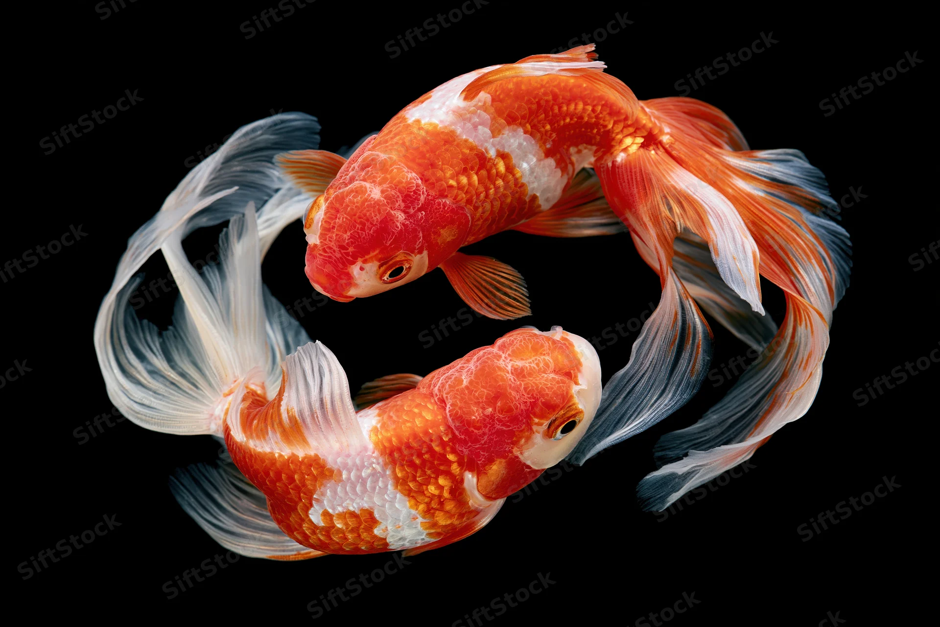 Two ornate goldfish swimming in a circular yin-yang formation against black background