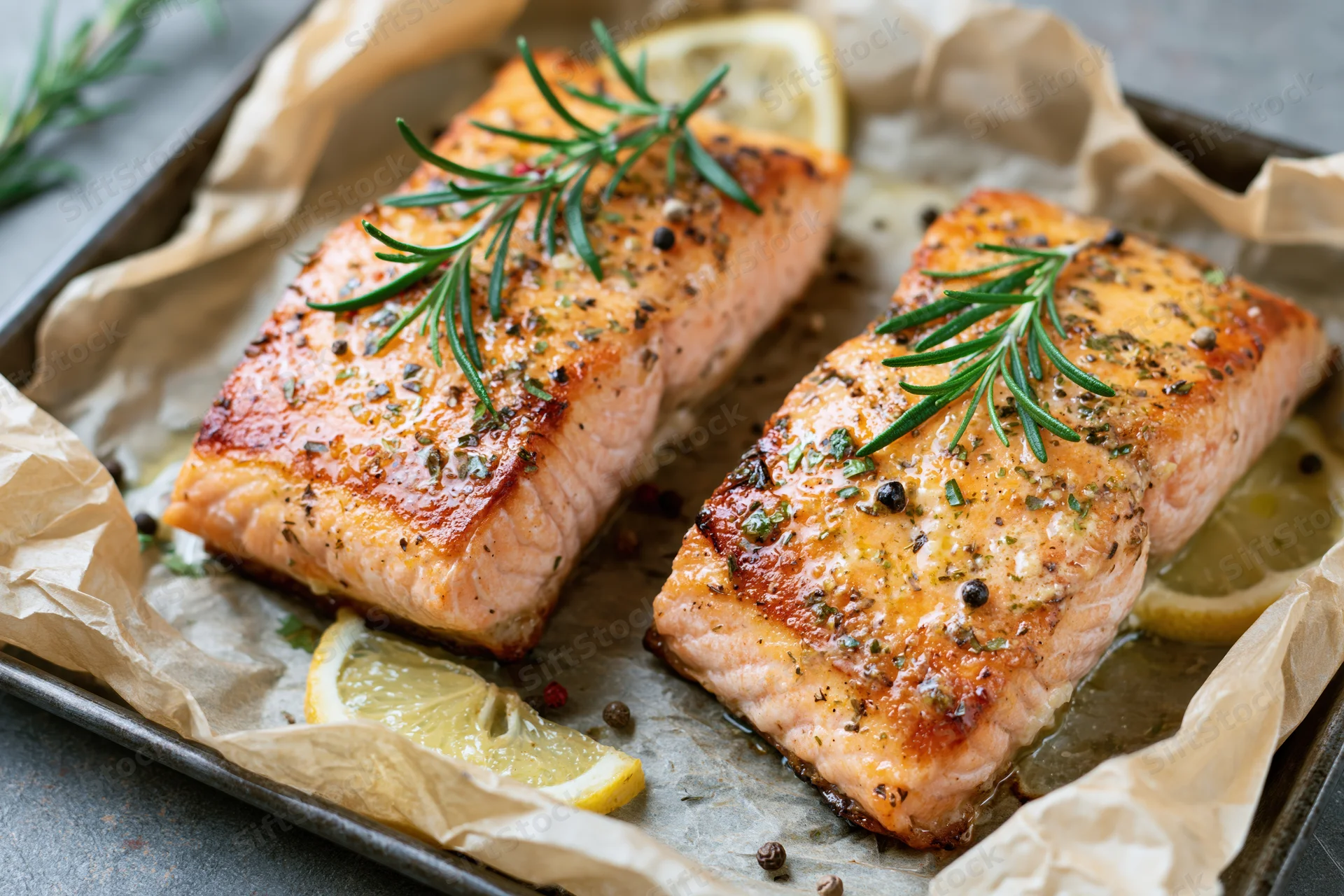 Two seared salmon fillets with rosemary and lemon on parchment-lined baking tray