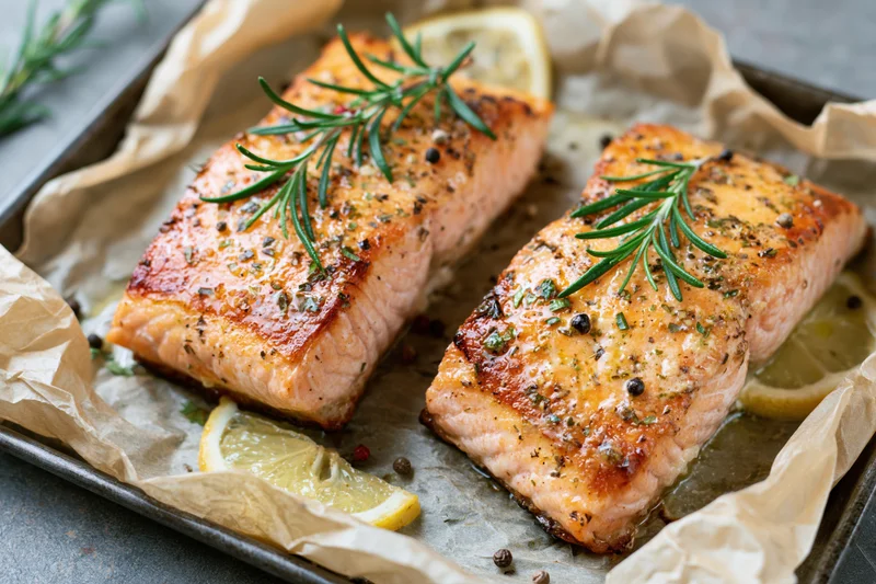 Two seared salmon fillets with rosemary and lemon on parchment-lined baking tray