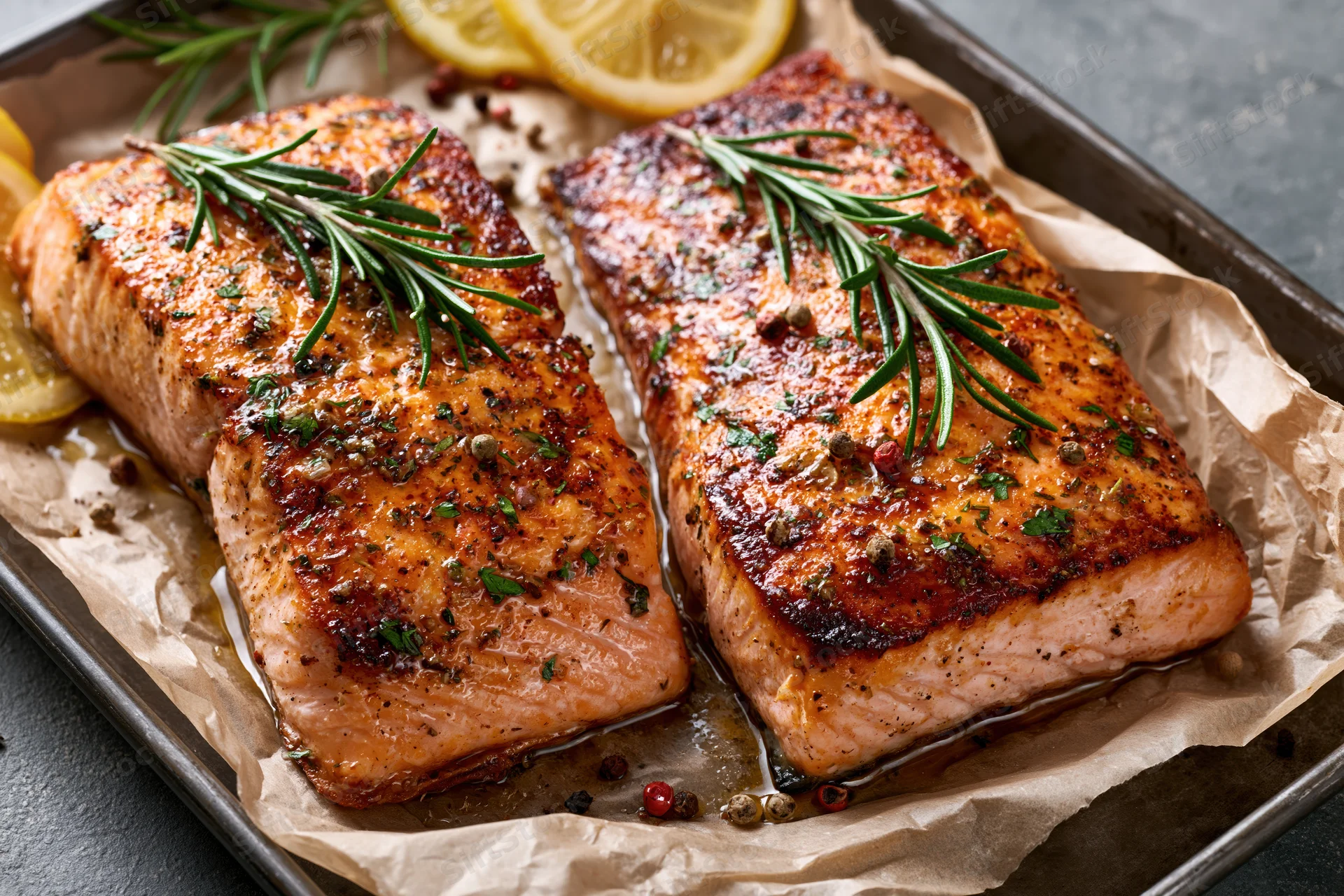 Two pan-seared salmon fillets with rosemary and lemon on parchment-lined tray