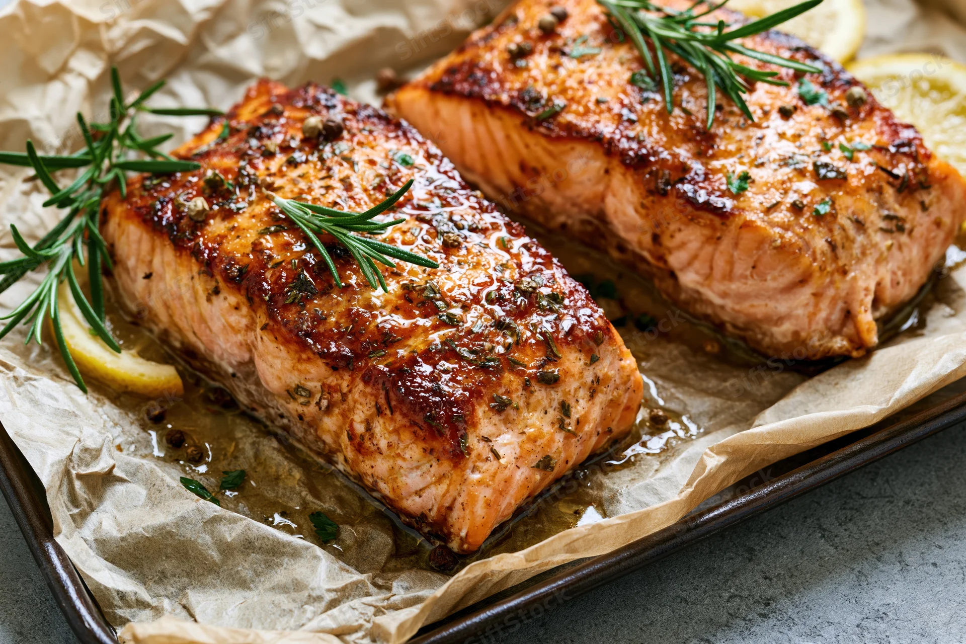 Two seared salmon fillets with rosemary and lemon on parchment paper in a baking tray