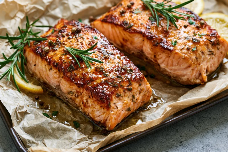 Two seared salmon fillets with rosemary and lemon on parchment paper in a baking tray