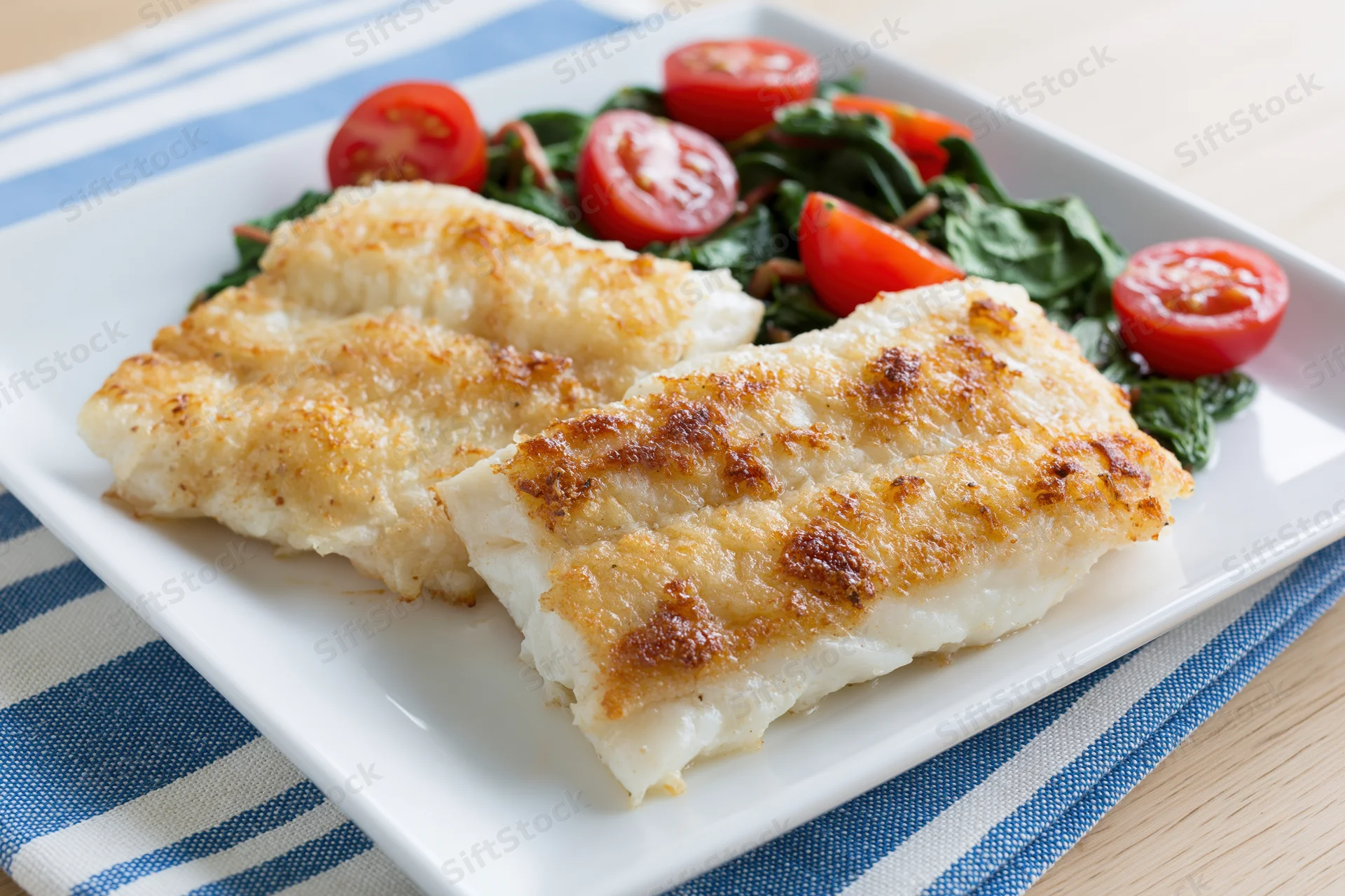 Two pan-seared white fish fillets with golden-brown crust served on a white square plate with spinach and cherry tomato salad on a blue and white striped napkin