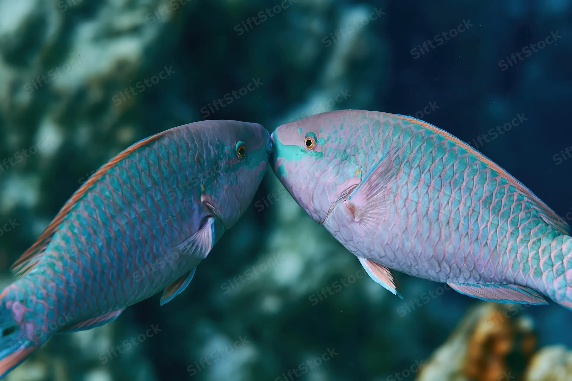 Two parrotfish facing each other nose-to-nose in coral reef underwater