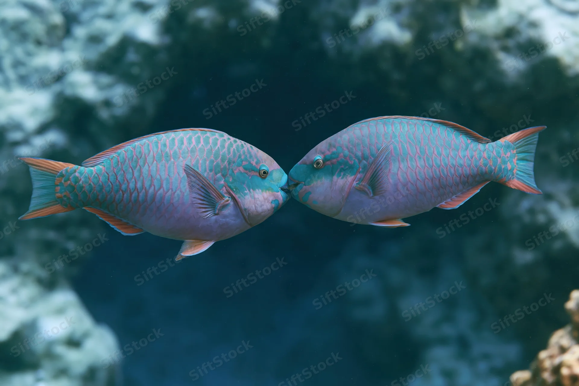 Two parrotfish facing each other nose-to-nose suspended in coral reef waters