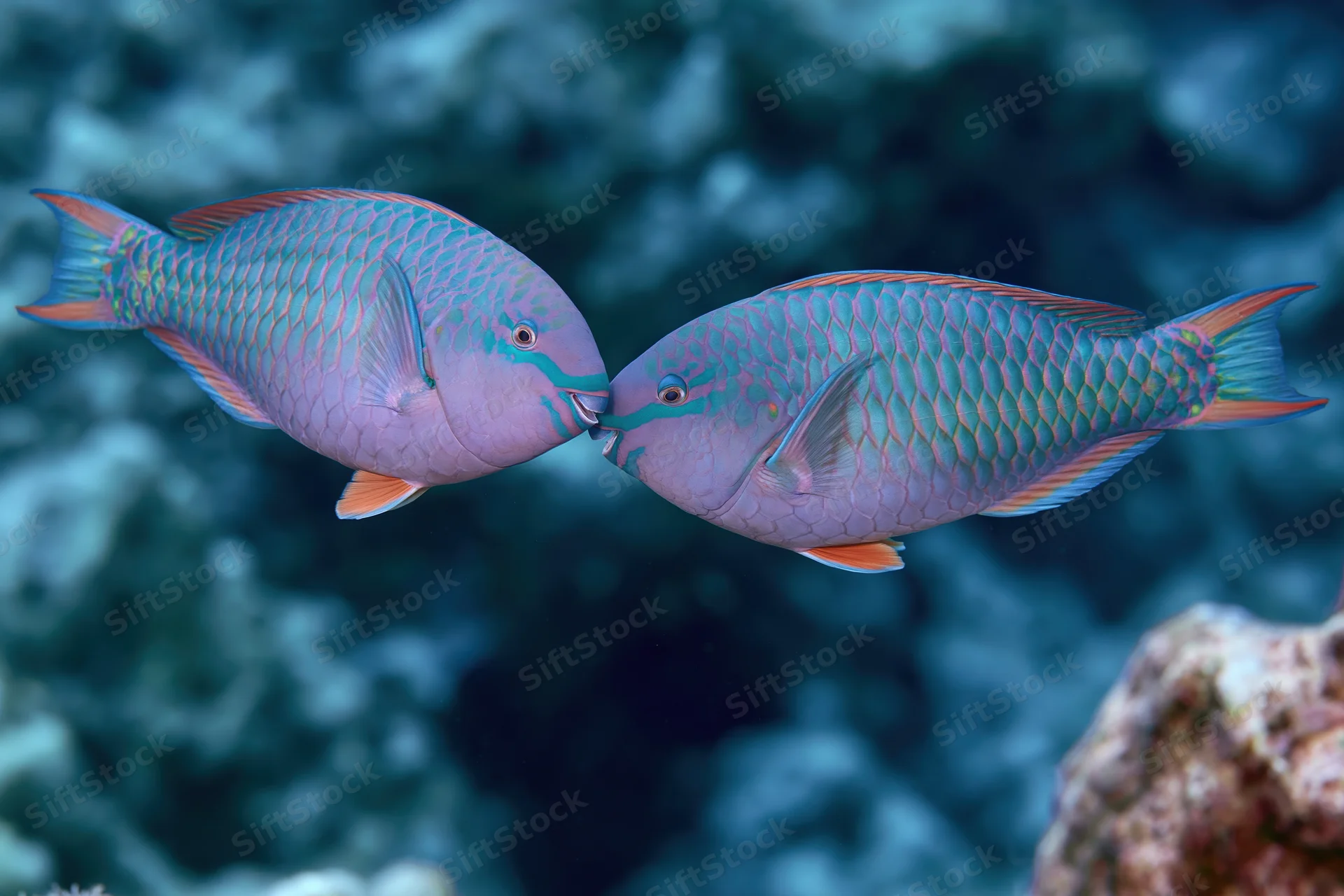 Two parrotfish facing each other nose-to-nose in midwater near coral reef