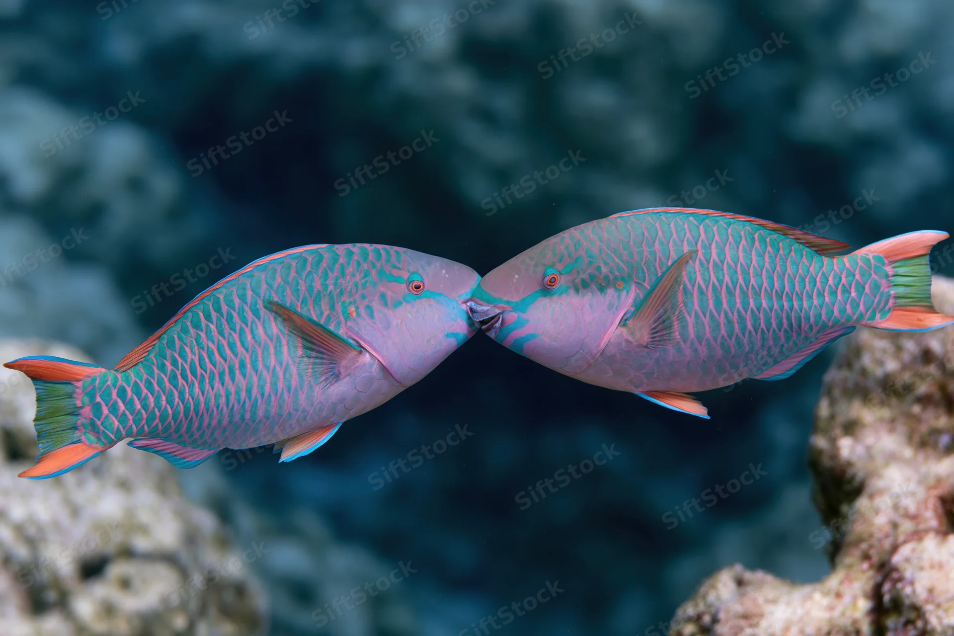 Two parrotfish facing each other nose-to-nose suspended in coral reef waters