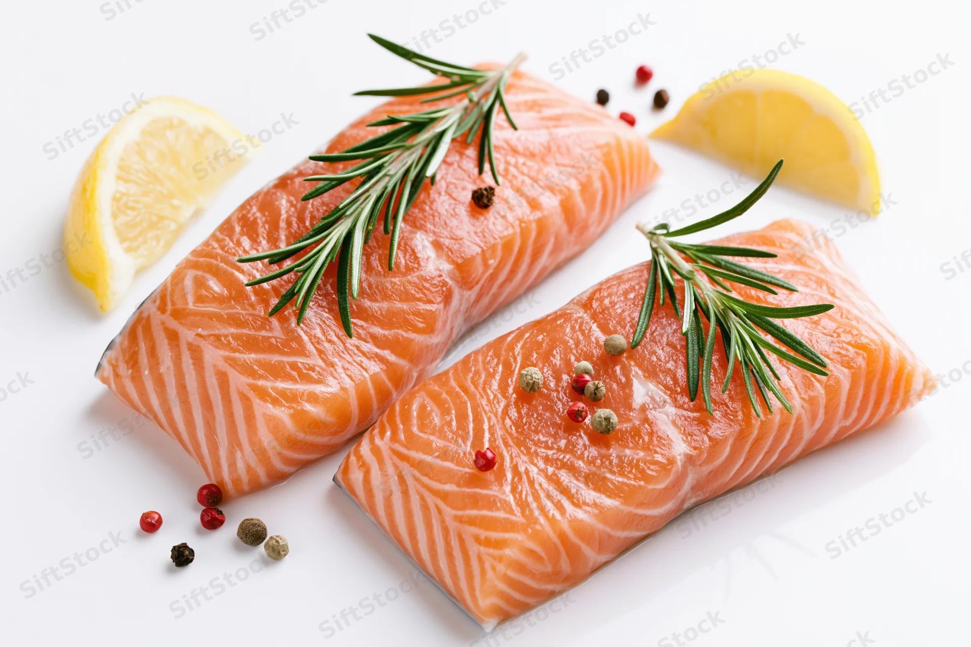 Two raw salmon fillets garnished with rosemary, lemon, and peppercorns on a white surface
