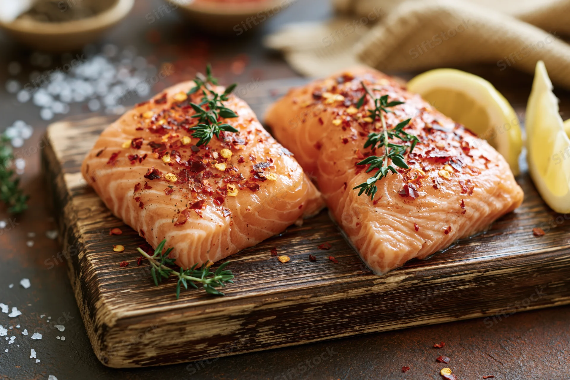 Two raw salmon fillets seasoned with chili flakes and thyme on a wooden cutting board
