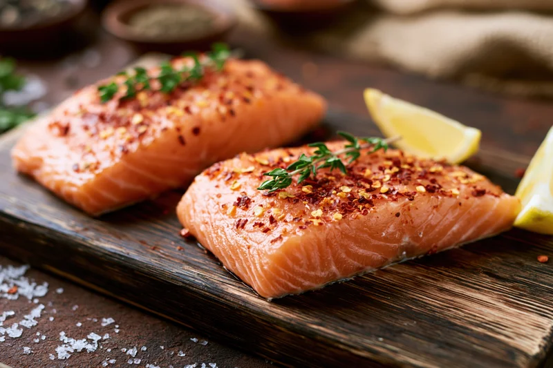 Two raw salmon fillets seasoned with chili flakes and thyme on a wooden cutting board with lemon wedges and salt nearby