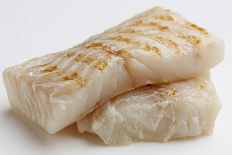 Two raw white fish fillets stacked slightly offset on a white surface