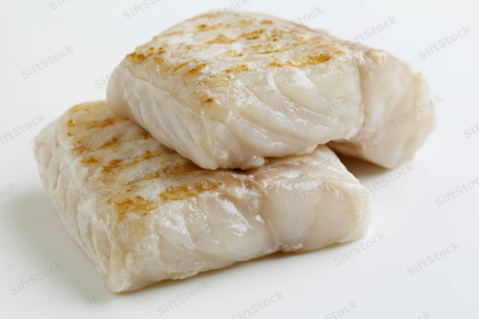 Two raw white fish fillets stacked slightly offset on a white surface