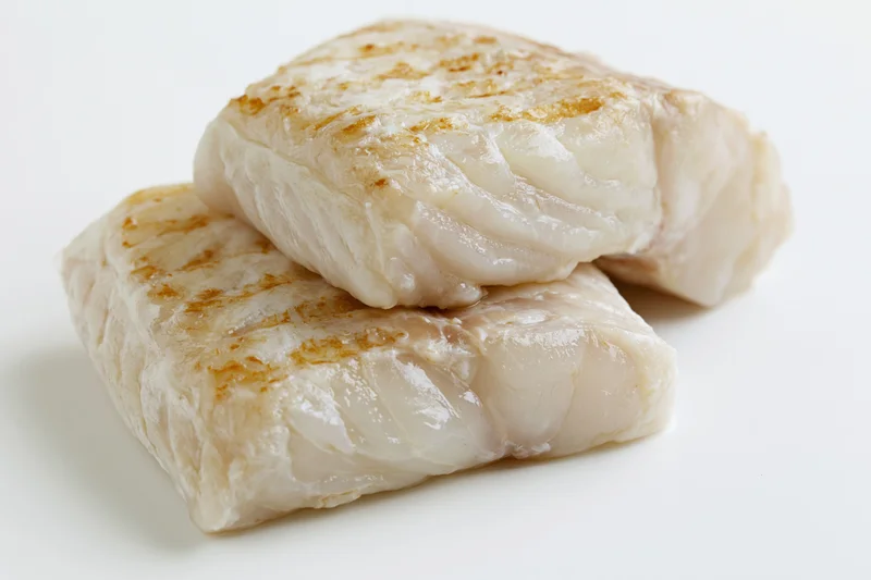 Two raw white fish fillets stacked slightly offset on a white surface