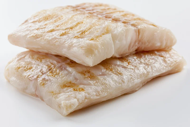 Two raw white fish fillets stacked slightly offset on a white surface