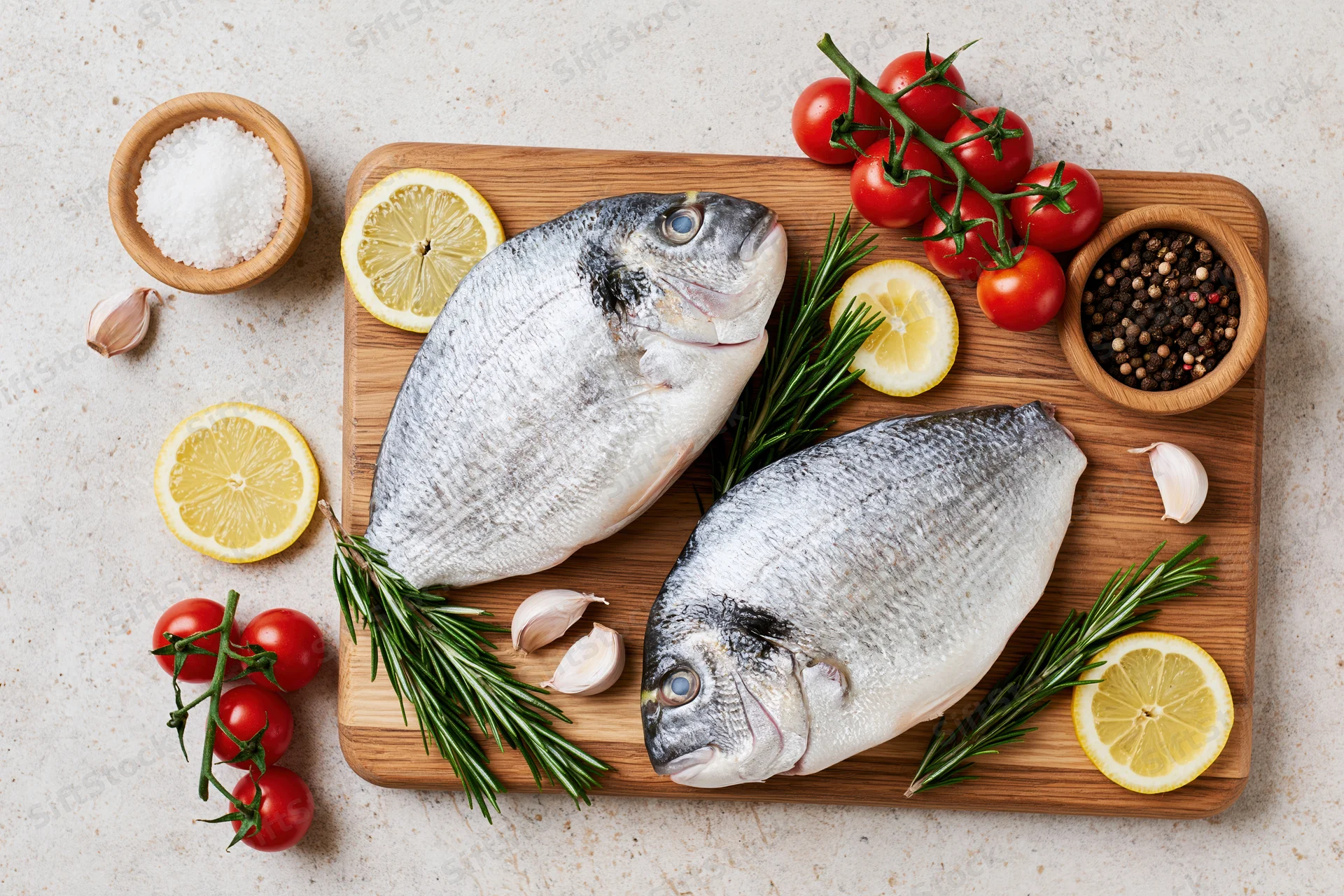 Two raw whole sea bream fish on a wooden cutting board with lemon, tomatoes, rosemary, garlic, salt and pepper