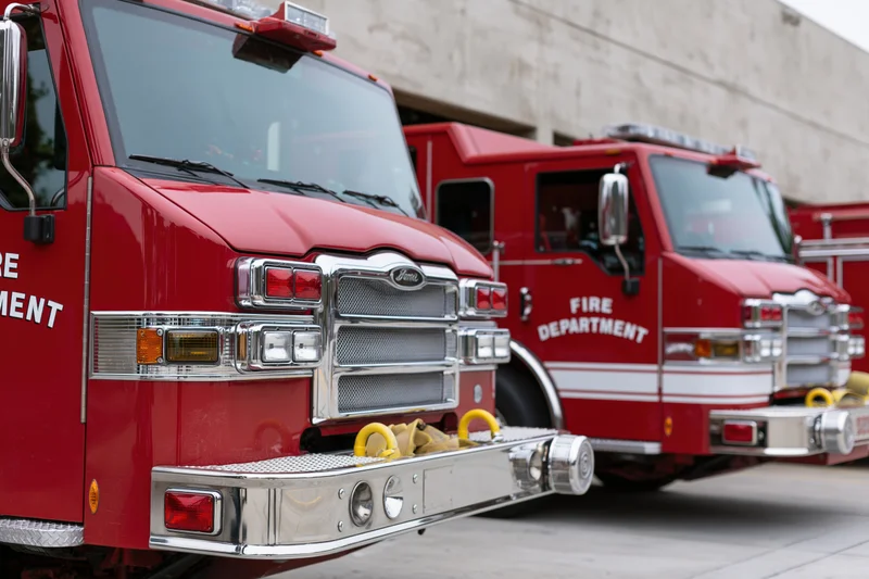 Two red fire department engine trucks parked side by side outside a station