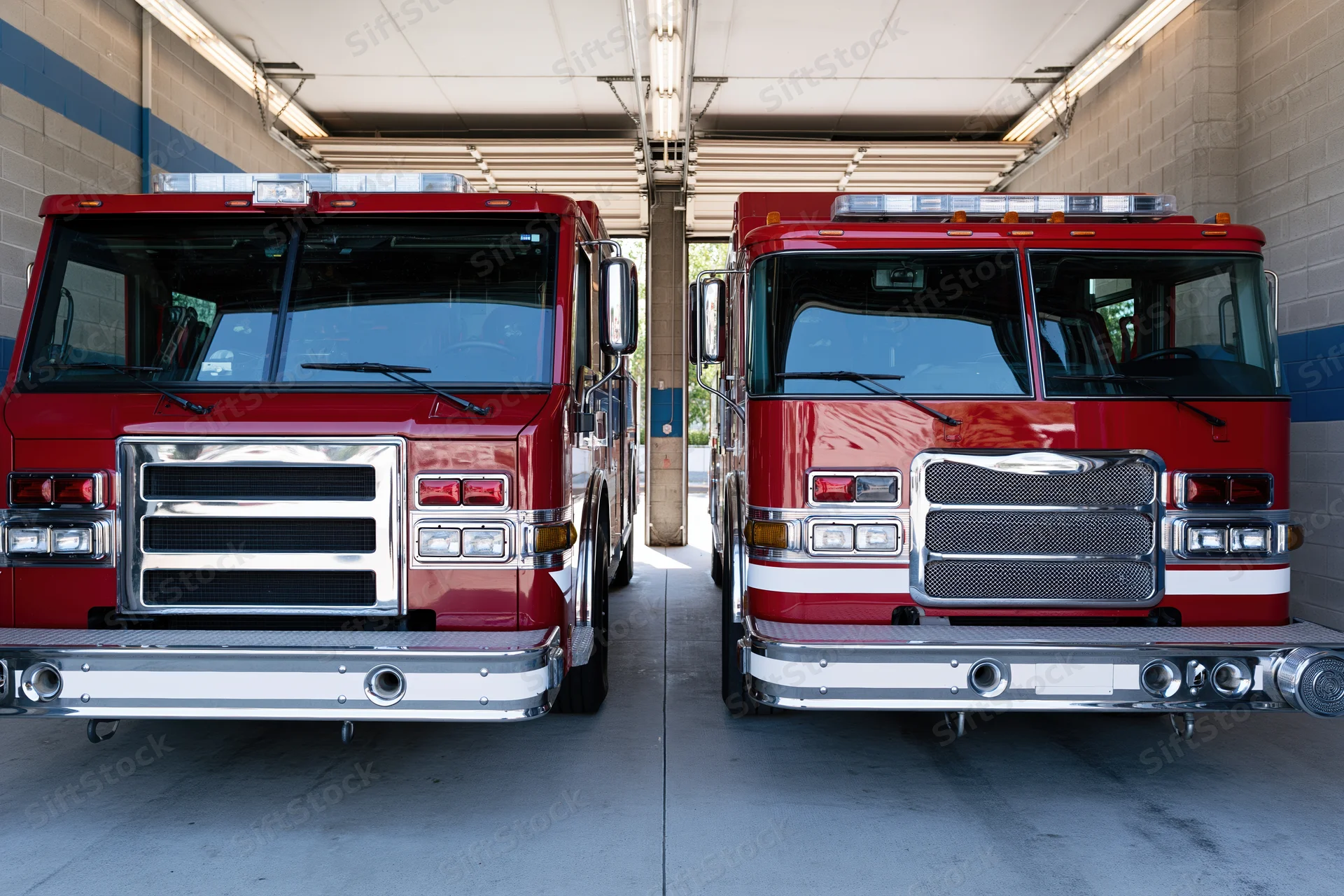 Two red fire trucks parked side by side inside an open fire station garage