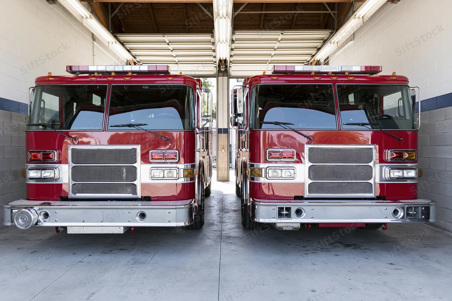 Two red fire trucks parked side by side inside an open fire station garage