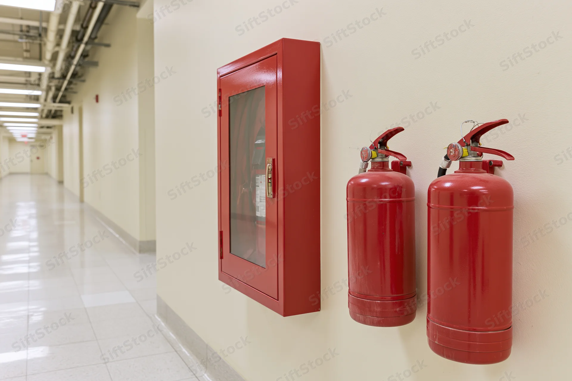 Two red fire extinguishers mounted on a beige wall in a long corridor with tiled floor and exposed ceiling pipes