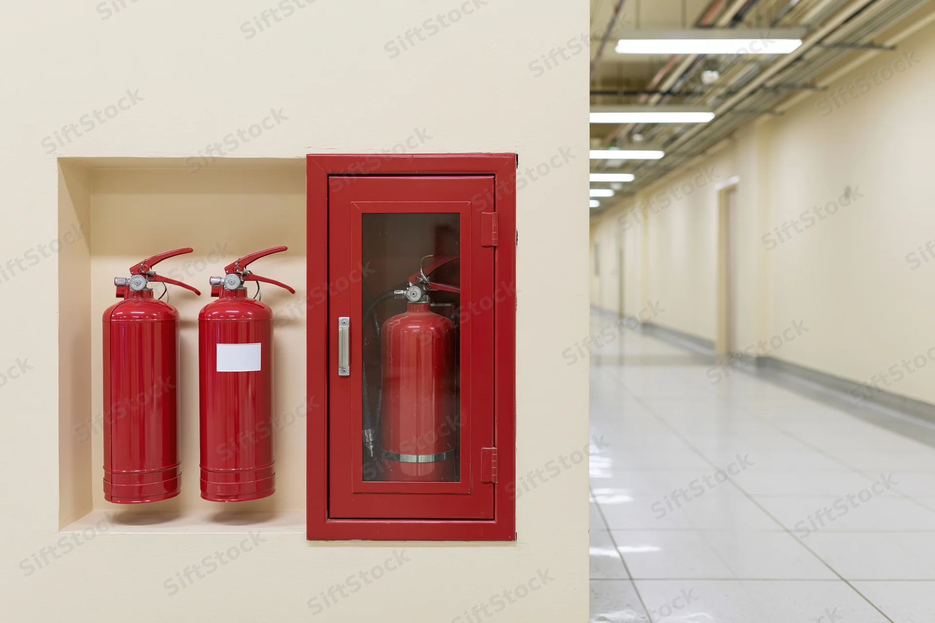 Red fire extinguishers mounted on beige corridor wall in building hallway