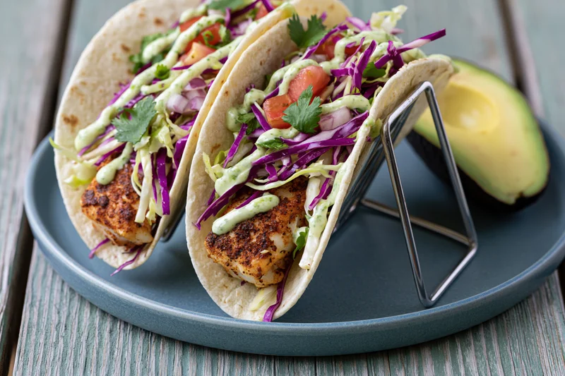 Two grilled fish tacos in soft flour tortillas with cabbage slaw and sauce on a plate with avocado and metal stand