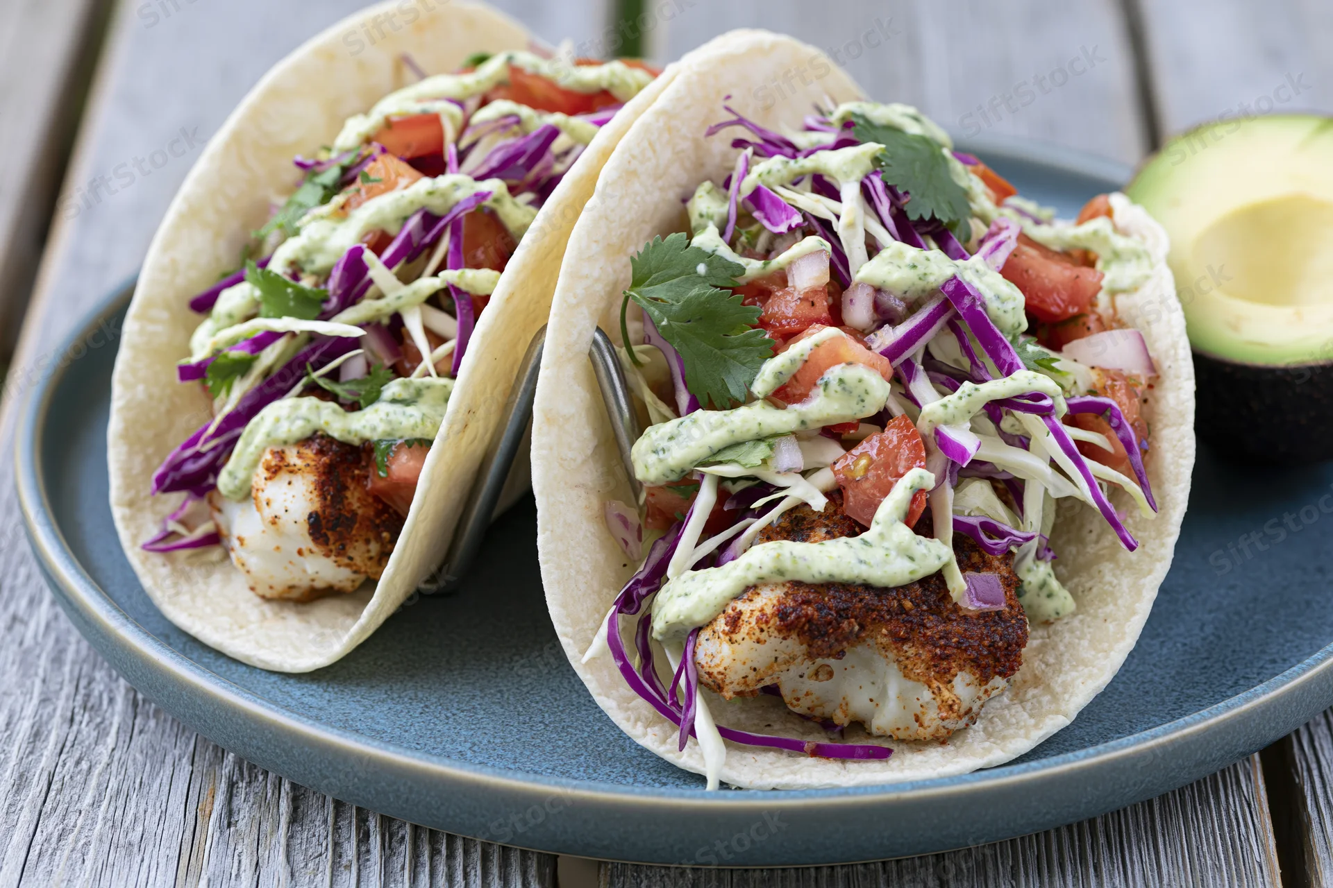 Two grilled fish tacos in soft flour tortillas on a plate with avocado and slaw