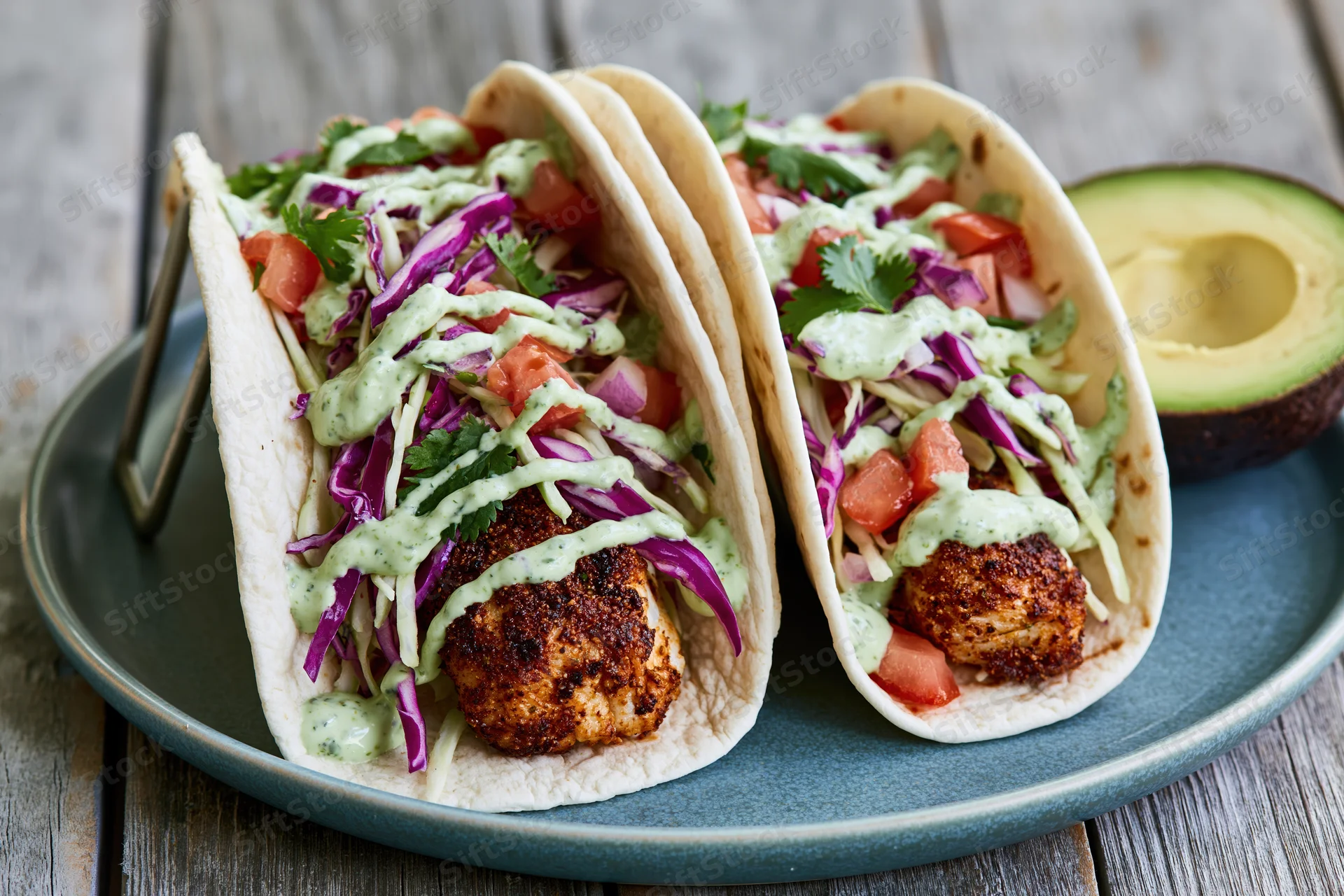 Two grilled fish tacos in soft flour tortillas on a blue plate with avocado and slaw