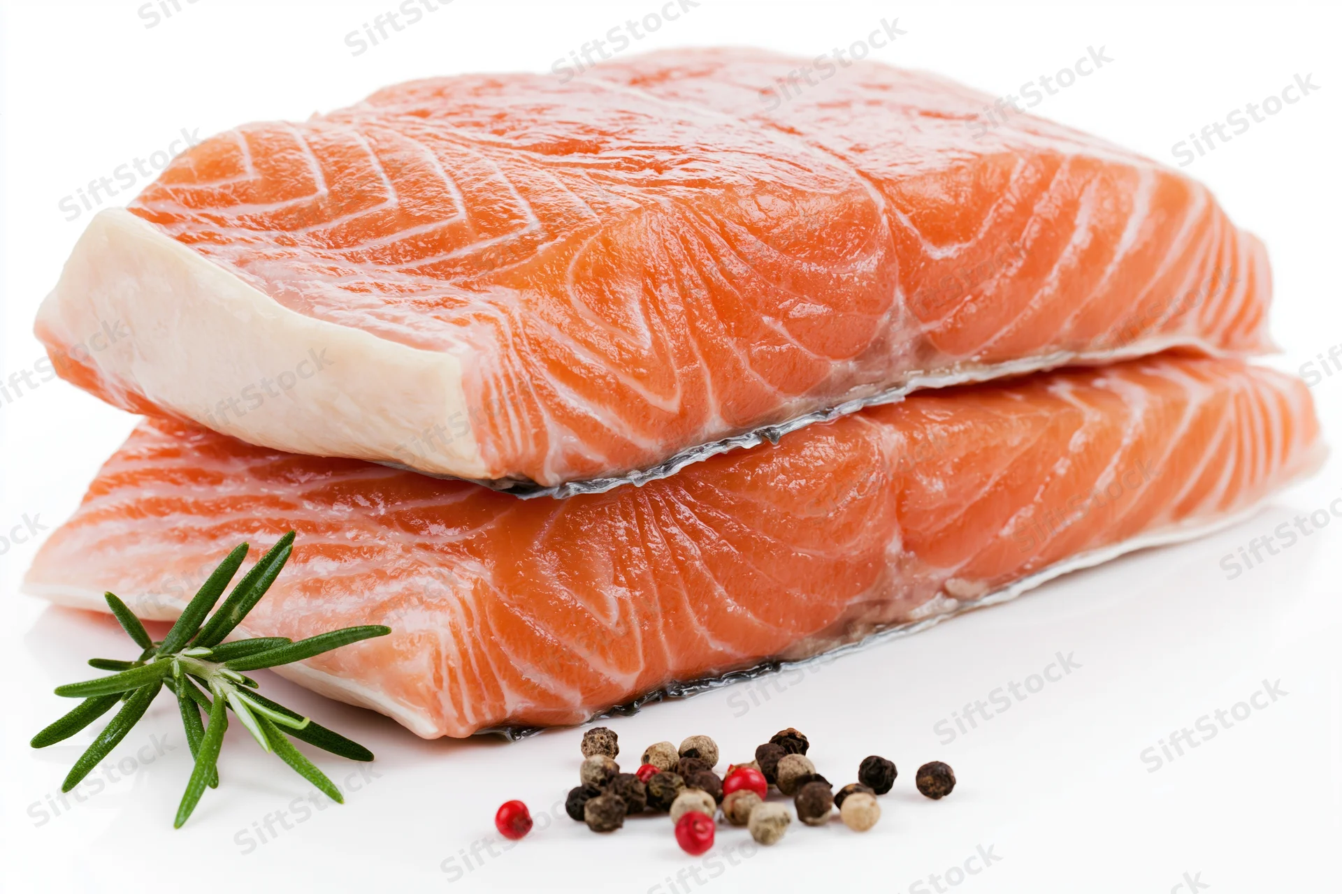 Two thick raw salmon fillets stacked on white background with rosemary and peppercorns