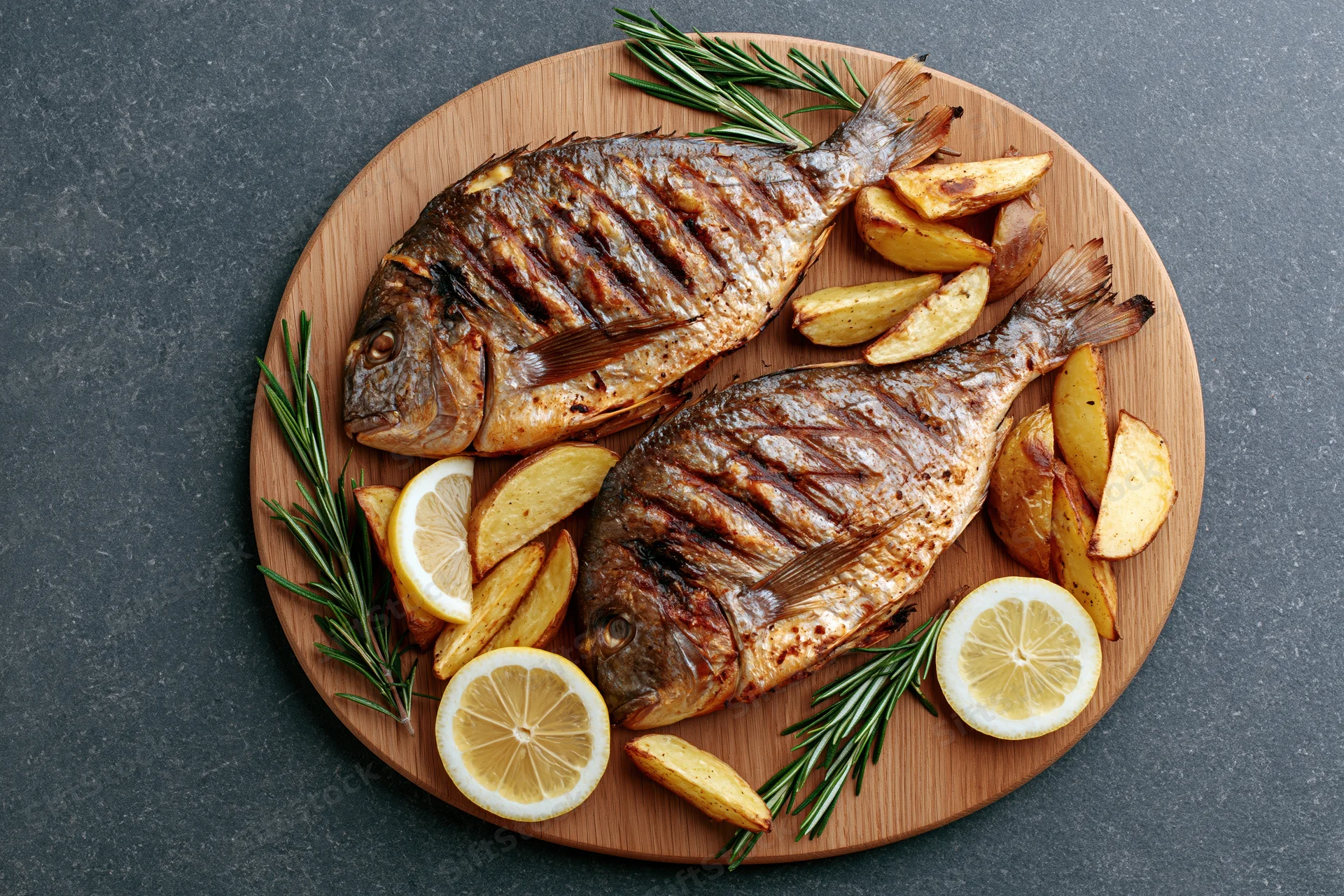 Two whole grilled sea bream fish with lemon slices and rosemary on a round wooden cutting board, accompanied by roasted potatoes, viewed from above on a dark surface
