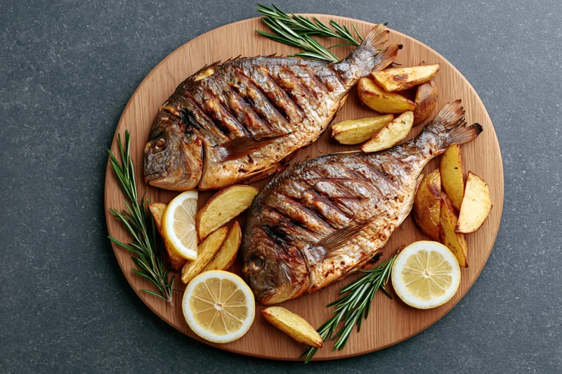 Two whole grilled sea bream fish with lemon slices and rosemary on a round wooden cutting board, accompanied by roasted potatoes, viewed from above on a dark surface
