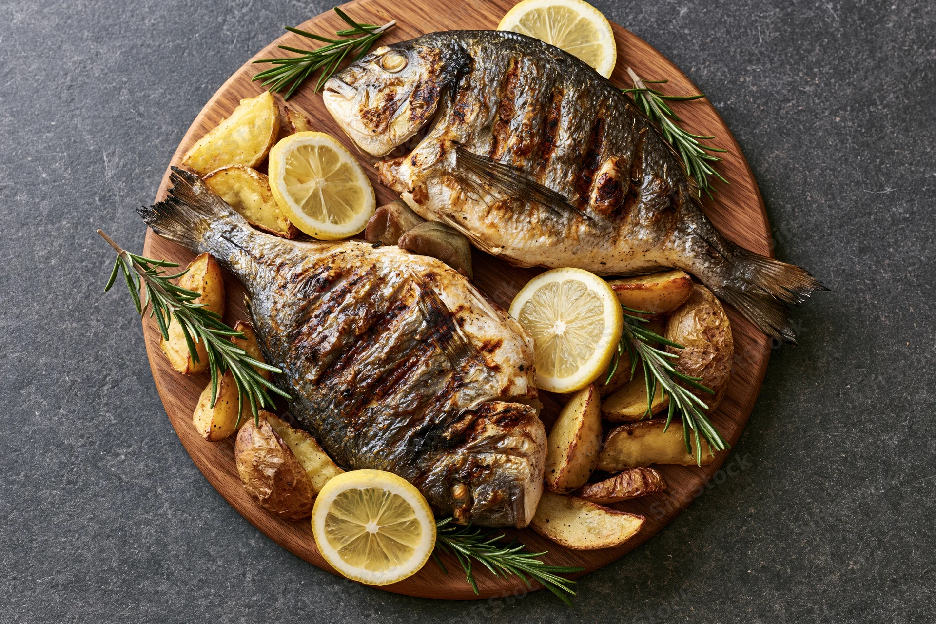 Two whole grilled sea bream fish with lemon slices, rosemary, and roasted potatoes on a round wooden cutting board