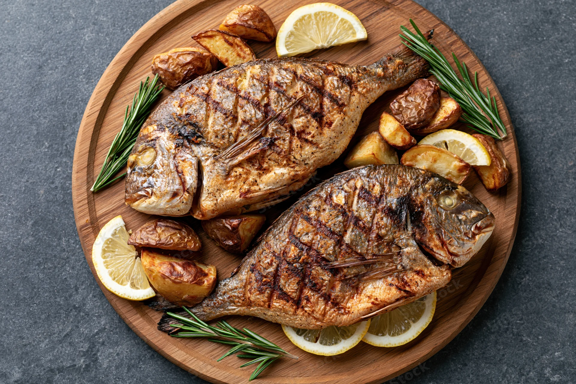 Two whole grilled sea bream fish served on a wooden cutting board with lemon slices, rosemary, and roasted potatoes