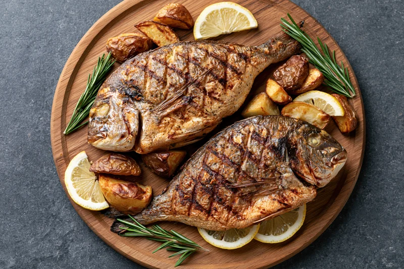 Two whole grilled sea bream fish served on a wooden cutting board with lemon slices, rosemary, and roasted potatoes
