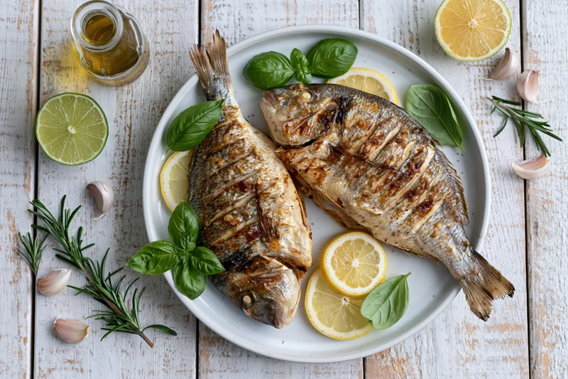 Two whole grilled sea bream fish on a white plate with lemon slices, basil, rosemary, garlic, and olive oil on a rustic wooden table