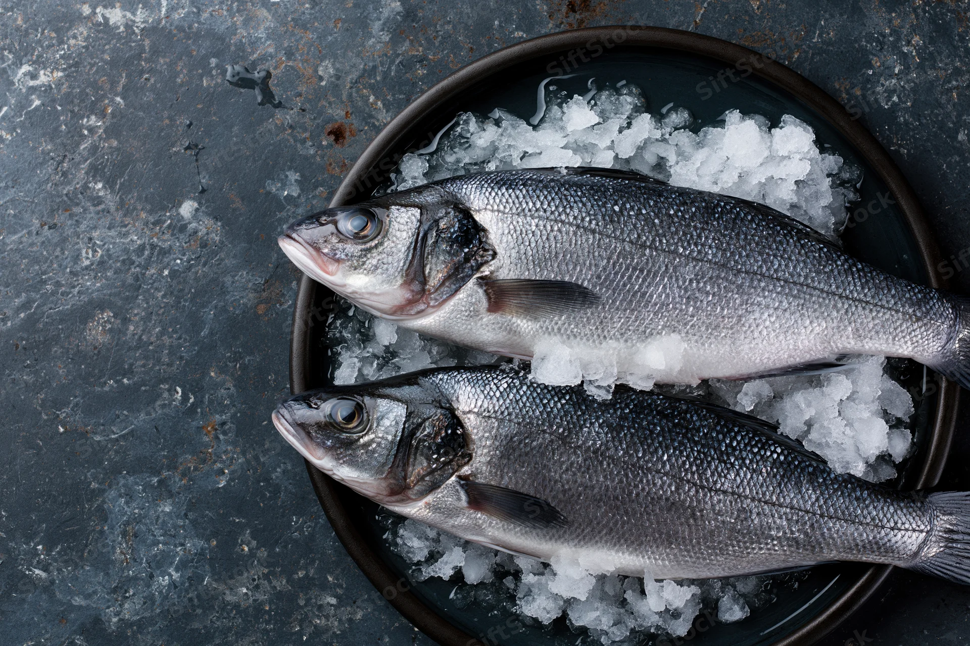 Two whole raw sea bass on crushed ice in a dark bowl on a gray countertop