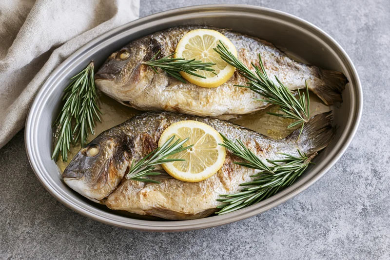 Two whole roasted sea bream fish in an oval metal baking dish garnished with lemon slices and rosemary sprigs on a gray countertop