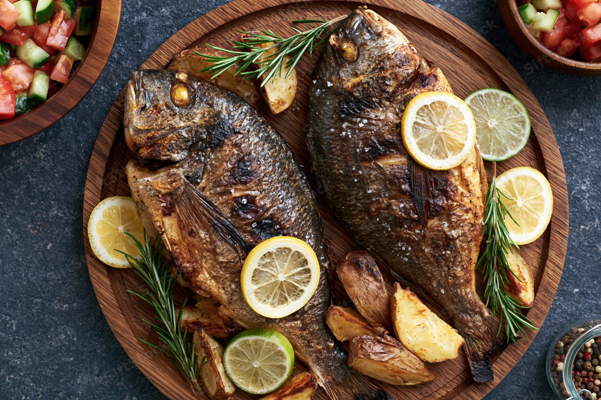 Two whole roasted sea bream fish on a wooden platter with lemon slices, rosemary, potatoes, and side salad