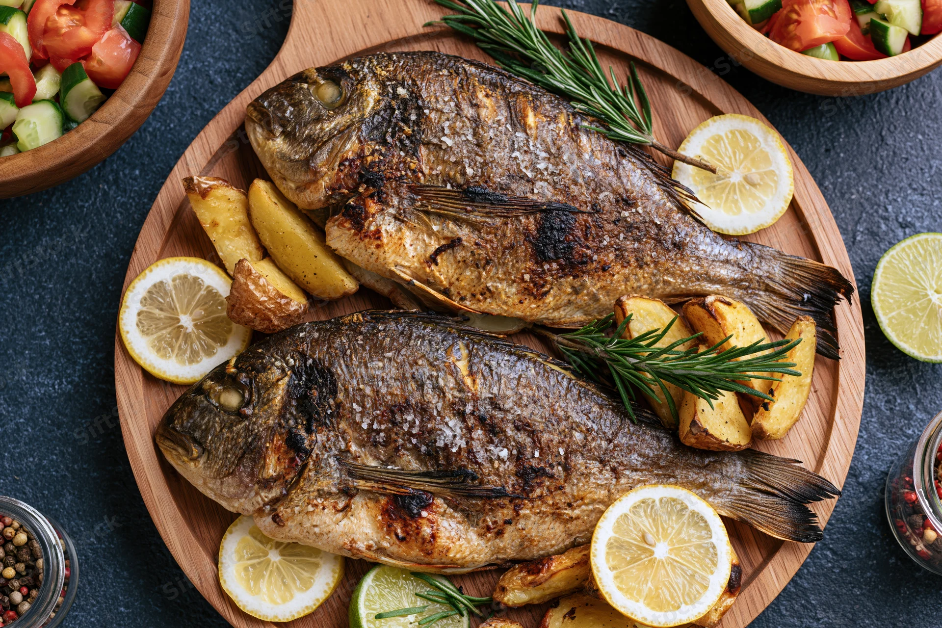 Two whole roasted sea bream fish on a wooden platter with lemon slices, rosemary, and roasted potatoes, surrounded by salad bowls and spices