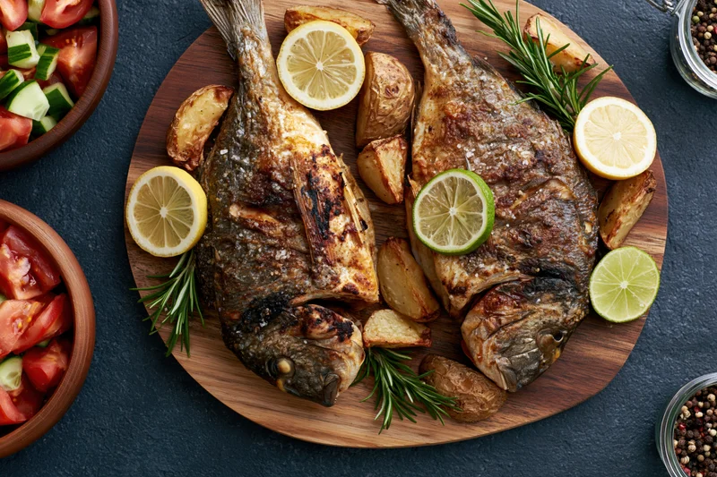 Two whole roasted sea bream fish on a wooden platter with lemon lime slices potatoes and herbs surrounded by salad bowls and spices