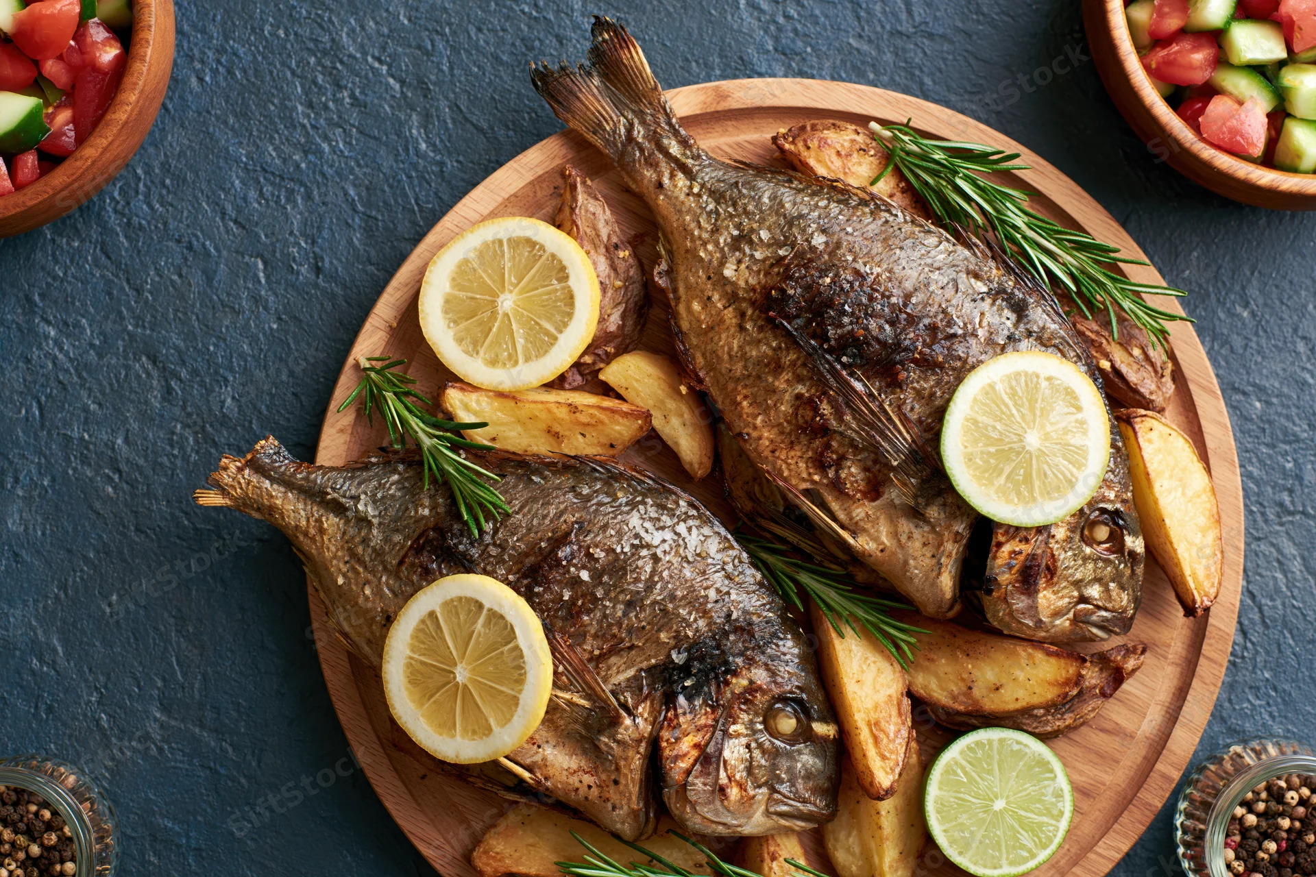 Two whole roasted sea bream fish on a wooden plate with lemon slices, rosemary, and potatoes, surrounded by vegetable salad bowls on a dark stone surface