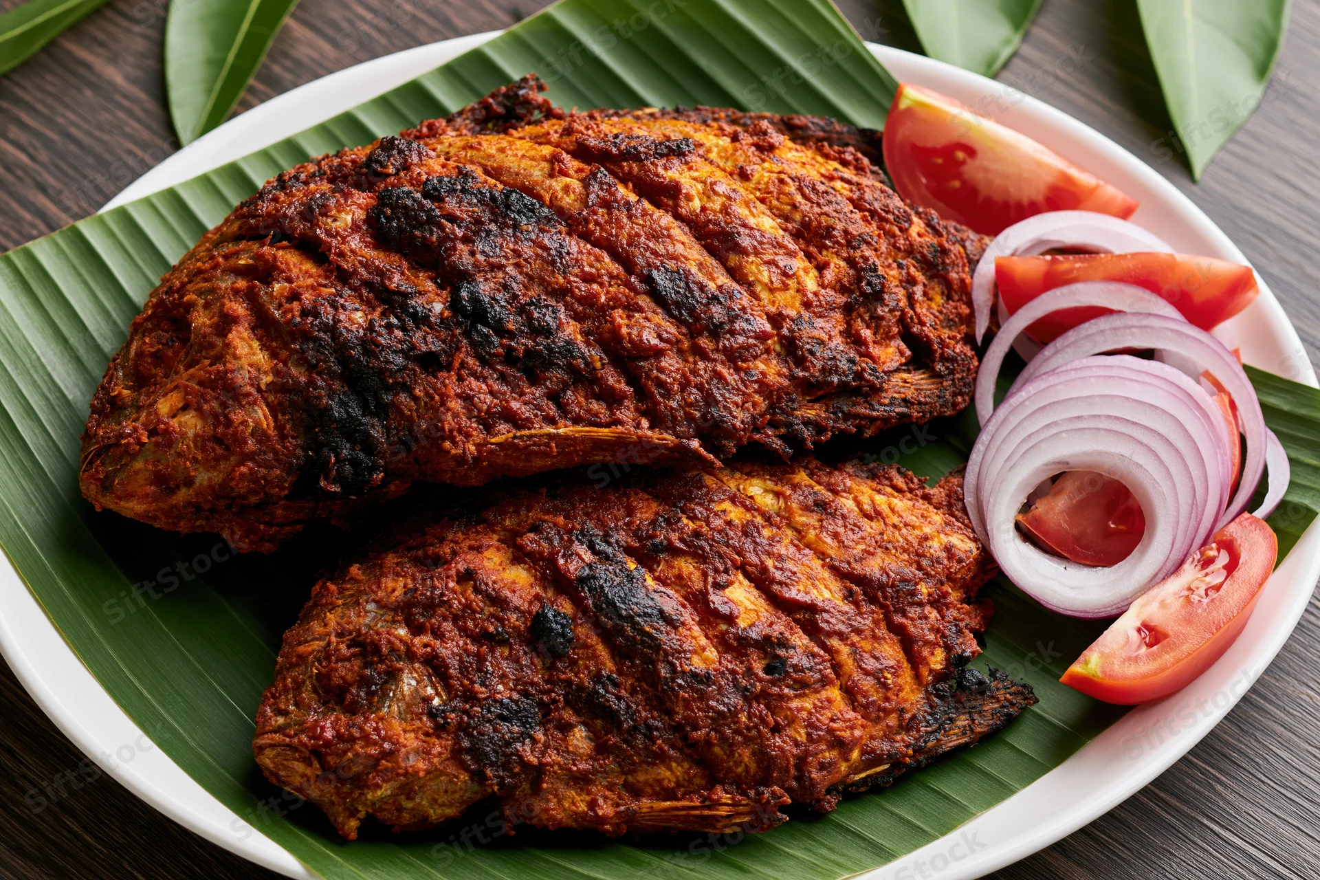 Two whole spiced fish with scored skin deep-fried and served on a banana leaf with tomato and onion garnish on a white plate