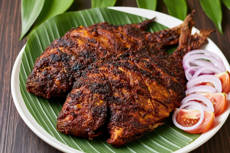 Two whole spiced fish deep-fried with scored skin served on banana leaf with sliced onion and tomato on white plate