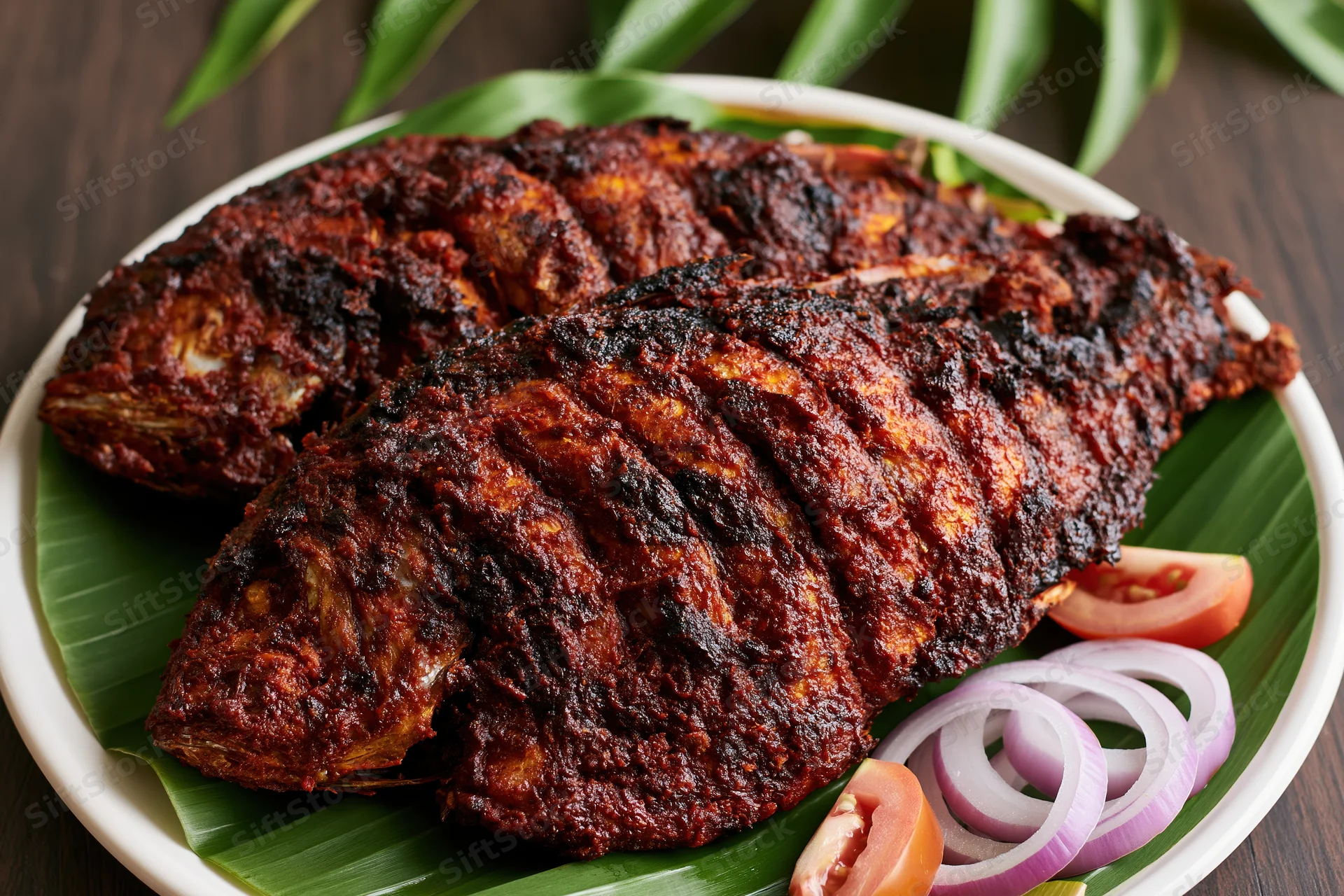 Two whole spiced fish with scored skin deep-fried and served on a banana leaf-lined plate with tomato and onion slices