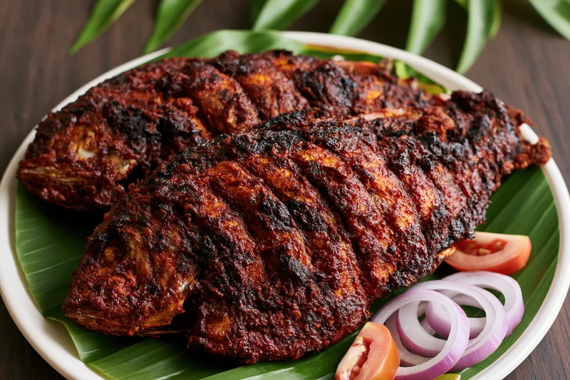 Two whole spiced fish with scored skin deep-fried and served on a banana leaf-lined plate with tomato and onion slices
