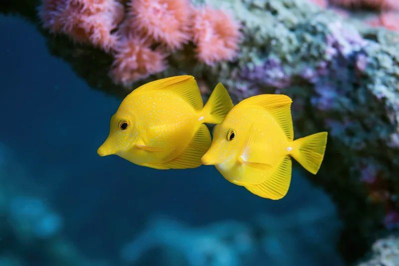 Two yellow tang fish swimming close together near a coral reef