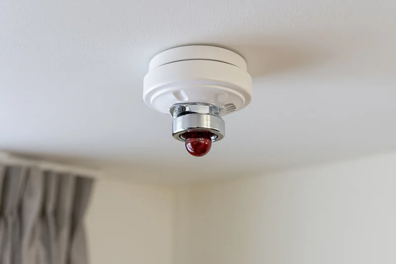 White smoke detector with red light and chrome sprinkler head mounted on ceiling in residential interior