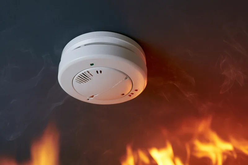 White circular smoke detector mounted on dark ceiling with flames and smoke below